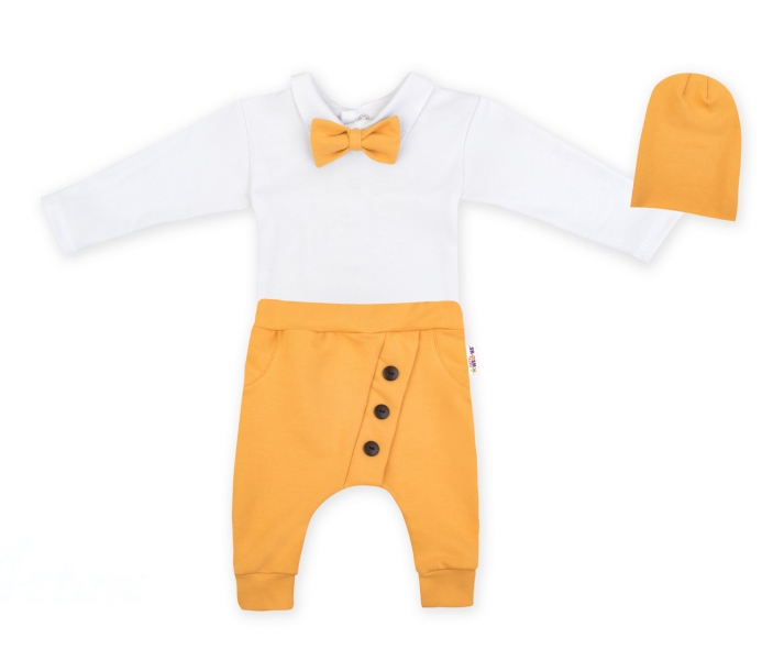 Baby Nellys 3-dílná sada Hubert, body s motýlkem, tepláčky a čepička - hořčicová, vel. 62