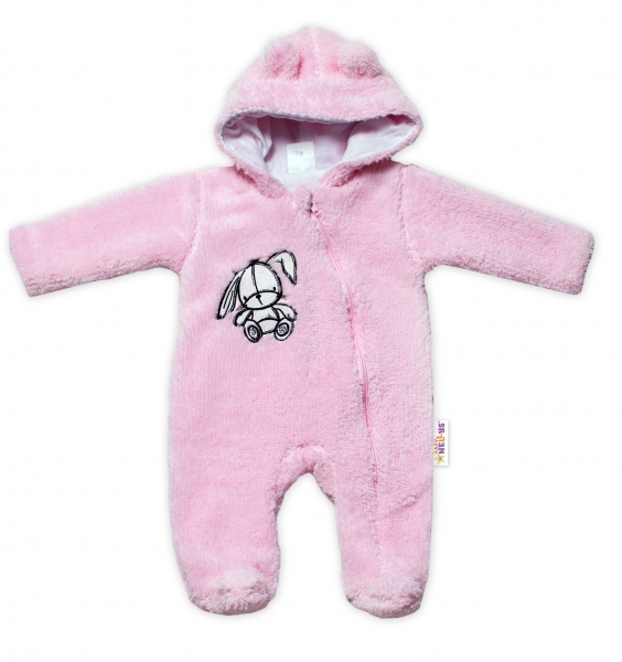 Baby Nellys Chlupáčkový overálek s kapucí, Cute Bunny - světle růžový, Velikost: 56 (1-2m)
