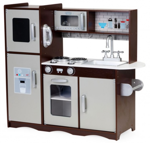 Eco Toys Dřevěná kuchyňka XXL s příslušenstvím a ledničkou,  83 x 92 cm x 46 cm - hnědá