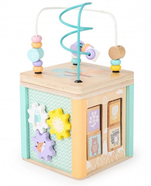 Eco toys Edukační dřevěná kostka s labyrintem 5v1, pastel