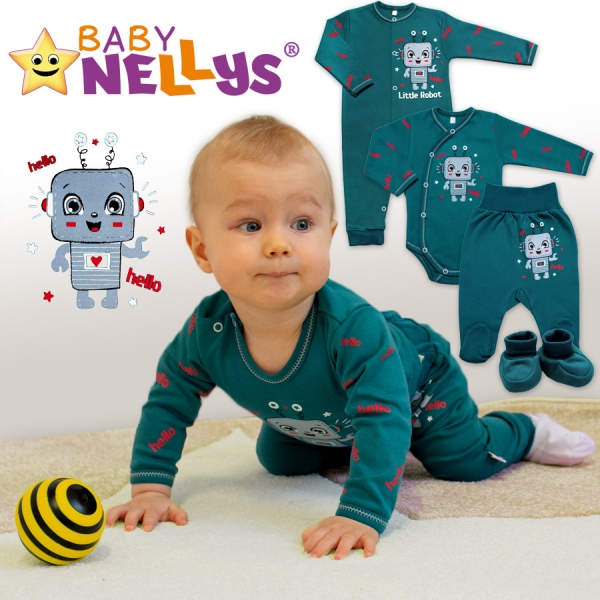 Baby Nellys Kojenecké body, dl. rukáv, Little Robot, tmavě zelené, vel. 86