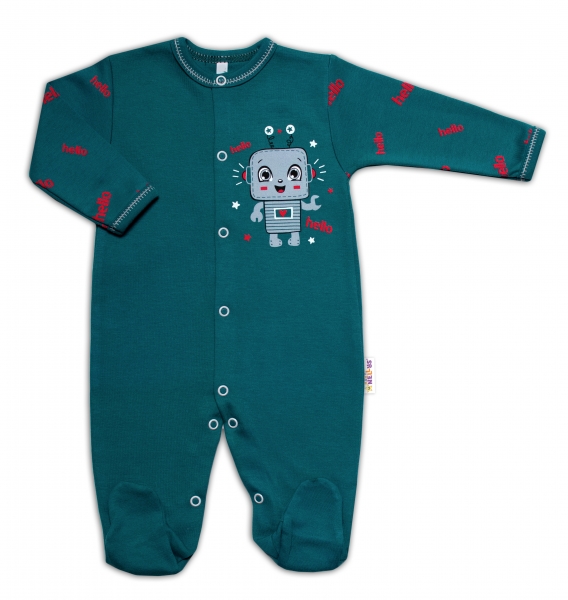 Baby Nellys Bavlněný kojenecký overal Little Robot, tmavě zelený, vel. 68, Velikost: 68 (3-6m)