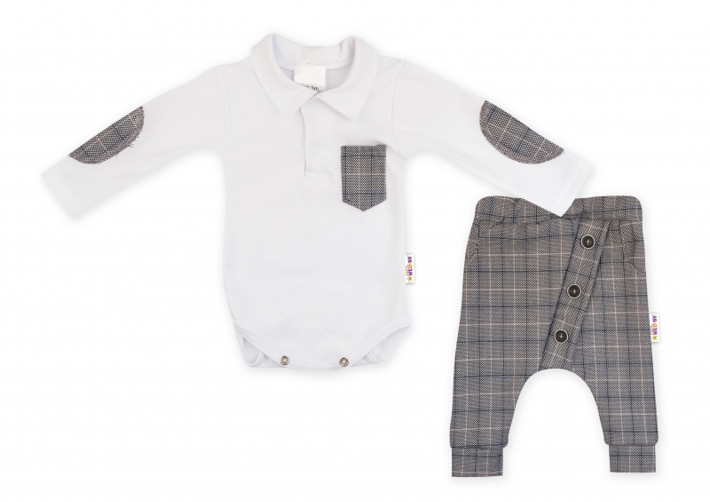 Baby Nellys 2-dílná sada Robert, body s límečkem, kalhoty Baggy - šedé kárko, Velikost: 56 (1-2m)