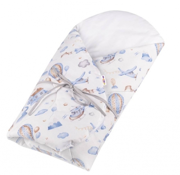 Baby Nellys Kojenecká zavinovačka s výztuží, Balón a letadlo - bílá/modrá