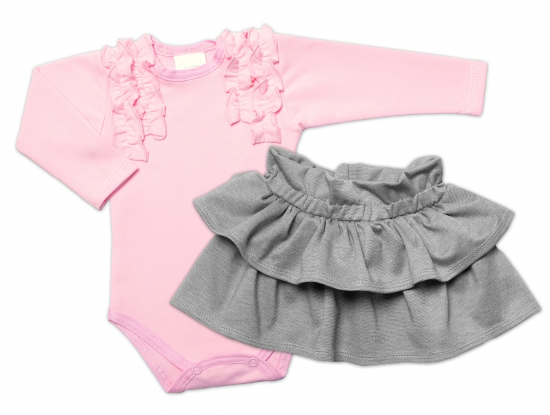 BABY NELLYS  2-dílná sada, body dl.rukáv + suknička Dance Baby, růžová/šedá, vel. 86, Velikost: 86 (12-18m)