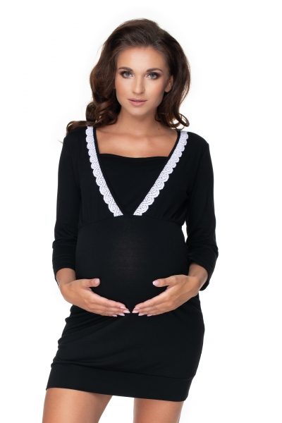 Be MaaMaa Těhotenská, kojící noční košile s ozdobnou krajkou, 3/4 rukáv - černá, Velikost: S/M
