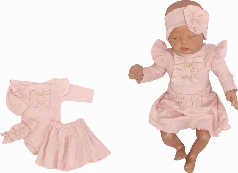 Z&Z 3-dílná žebrovaná soupravička body, suknička a čelenka, růžová, vel. 80, Velikost: 80 (9-12m)