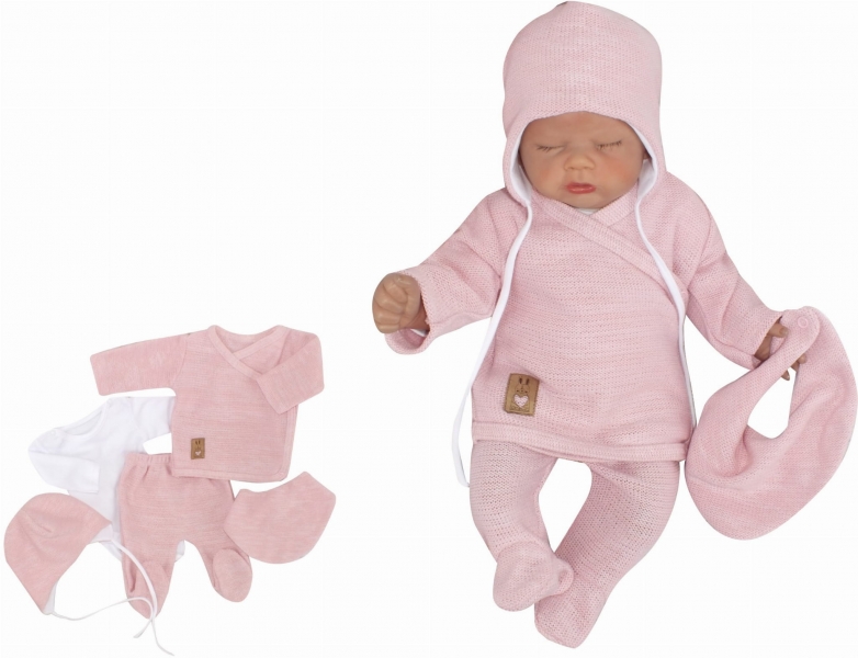 Z&Z 5-dílná pletená kojenecká soupravička  s šátkem- růžová, bílá, vel. 68, Velikost: 68 (3-6m)