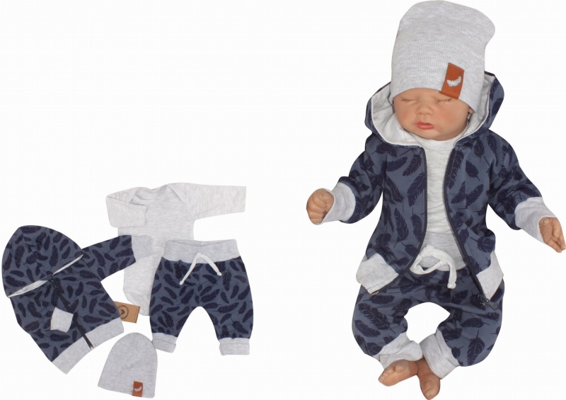 Z&Z 4-dílná tepláková souprava Pírka, kabátek, tepláčky, čepička a body, modrá, vel. 86