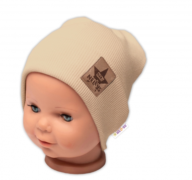 Baby Nellys Žebrovaná dvouvrstvá čepice s lemem - béžová, vel. 80/86, Velikost: 80-86 (12-18m)