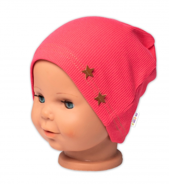 Baby Nellys Žebrovaná čepice Hvězdičky - korálová. vel. 92/98, Velikost: 80-86 (12-18m)