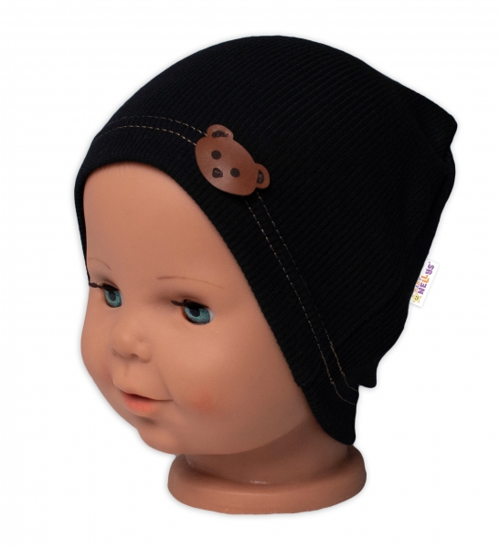 Baby Nellys Žebrovaná čepice Medvídek - černá, vel. 80/86, Velikost: 80-86 (12-18m)