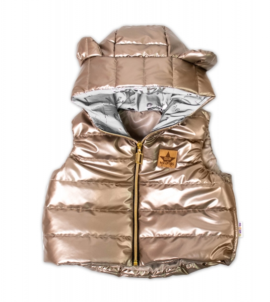 Baby Nellys Dívčí přechodová vesta s kapucí a oušky, metalická zlatá, vel. 104
