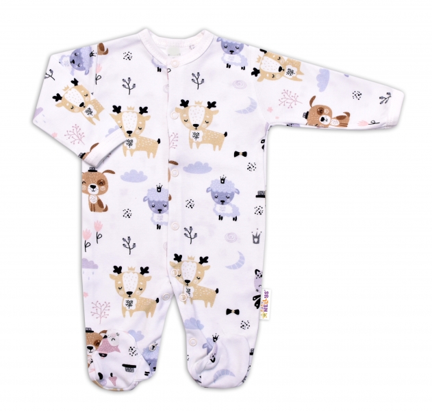 Baby Nellys Kojenecký overálek zapínání uprostřed, Baby Animals - krémová, vel. 62