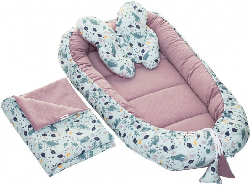 Baby Nellys Sada komplet oboustr. hnízdečko Velvet premium Boho lesík, mátová/fialová