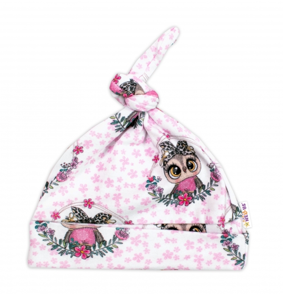 Baby Nellys Kojenecká bavlněná čepička uzlíček Cute Owls - růžová, vel. 62