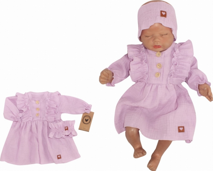 Z&Z 2-dílná sada mušelínové šatičky s volánkem + čelenka, lila, vel. 74, Velikost: 74 (6-9m)