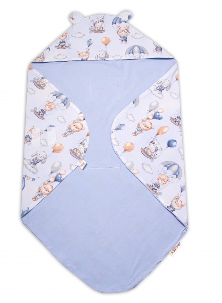 Baby Nellys Zavinovací deka s kapucí, bavlna + jersey, Létající zvířátka, modrá