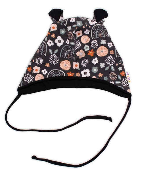 Baby Nellys Kojenecká čepička s oušky na zavazování - Palouček, grafit, vel. 68/74, Velikost: 68-74 (6-9m)