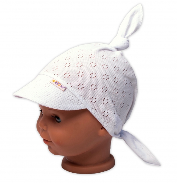 Baby Nellys Dětský síťkovaný šátek s kšiltem na zavazování - bílý, vel. 92/104