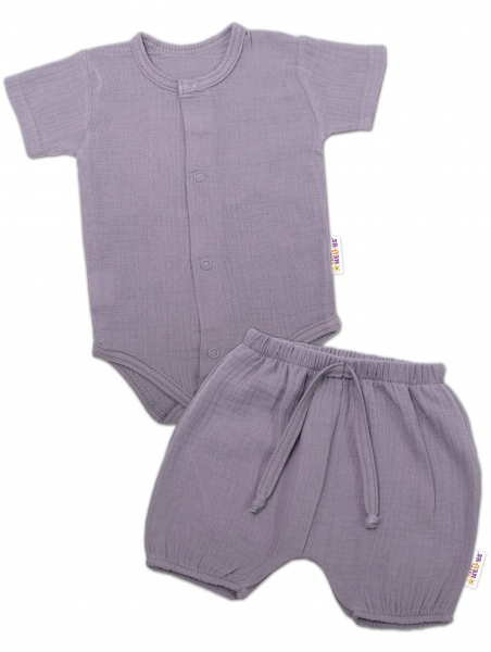 Baby Nellys 2-dílná mušelínová soupravička, body kr.rukáv + kraťasky BOY, šedá, Velikost: 56 (1-2m)