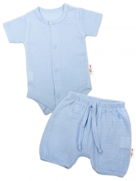Baby Nellys 2-dílná mušelínová soupravička, body kr.rukáv + kraťasky BOY, modrá, vel. 62