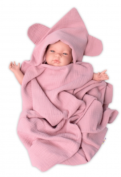 Baby Nellys Luxusní dvouvrstvá mušelínová deka, osuška s kapucí 100 x 100 cm, pudrová