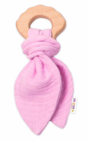 Baby Nellys Dřevěné kousátko s mušelínem, Korunka, růžové