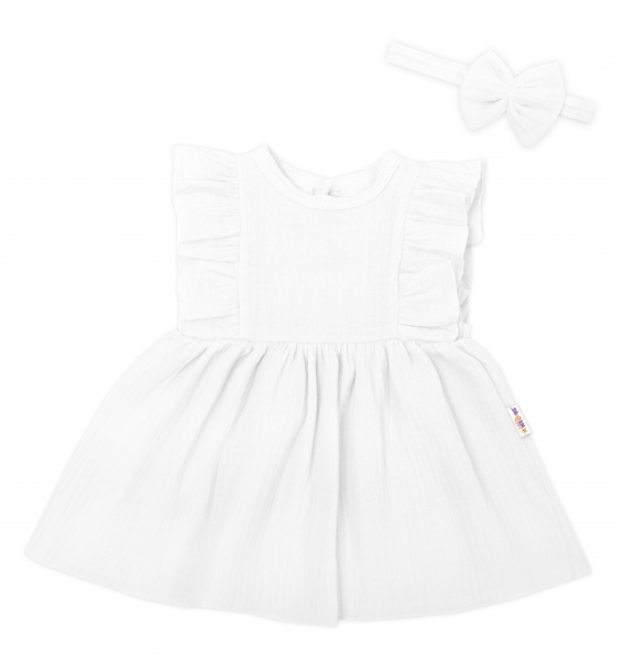 Baby Nellys 2-dílná sada mušelínové šatičky + čelenka, bílé vel. 74, Velikost: 74 (6-9m)
