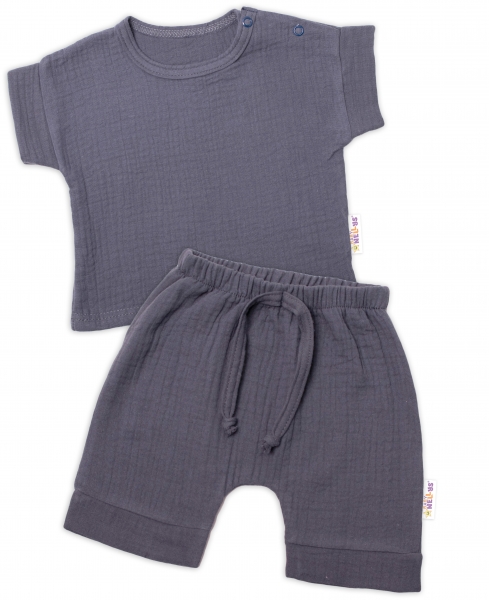 Baby Nellys 2-dílná mušelínová soupravička, tričko + kraťasky BOY, granát, Velikost: 56 (1-2m)