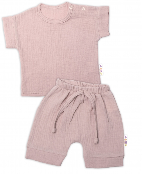 Baby Nellys 2-dílná mušelínová soupravička, tričko + kraťasky BOY, béžová, vel. 68