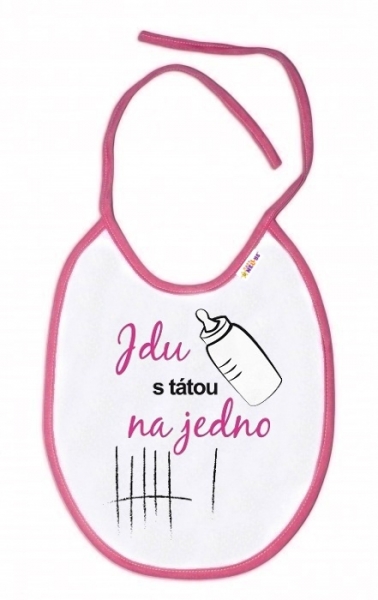 Baby Nellys Nepromokavý bryndáček  Jdu s tátou na jedno, 24 x 27 cm-bílý s růžovým lemem