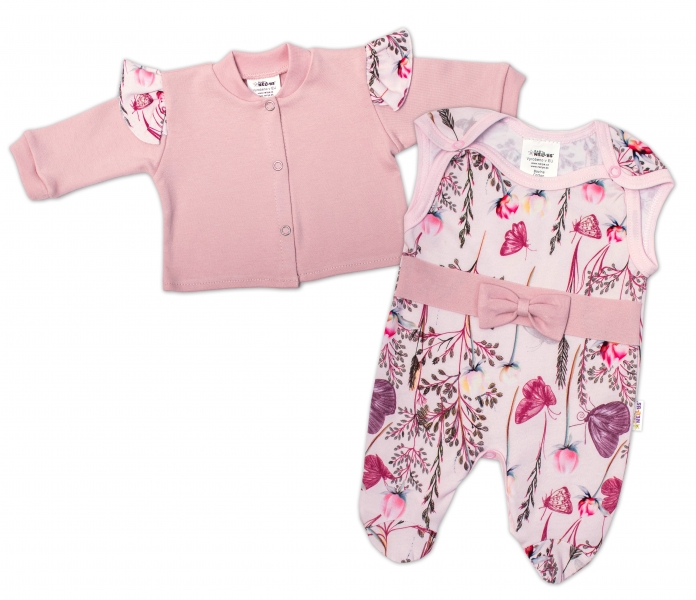 Baby Nellys  2-dílná sada, bavlněné dupačky s košilkou Motýlci, růžová, bílá, vel. 56, Velikost: 56 (1-2m)