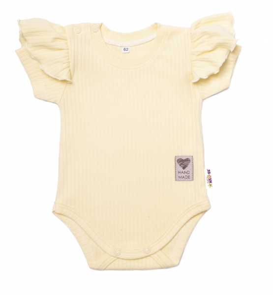 Baby Nellys Bavlněné žebrované body s volánkem, kr. rukáv, Summer Girl - žluté, vel.68