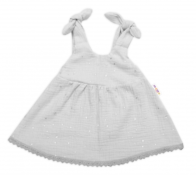 Baby Nellys Letní lehoučké mušelínové šaty Summer Stars - šedé, Velikost: 56-62 (0-3m)