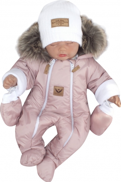Z&Z Zimní kombinéza s dvojitým zipem, kapucí a kožešinou + rukavičky, Angel - pudrový, 62, Velikost: 62 (2-3m)