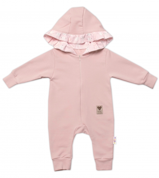 Baby Nellys Teplákový overal s kapucí a volánkem, New Bunny - pudrová, vel. 68, Velikost: 68 (3-6m)
