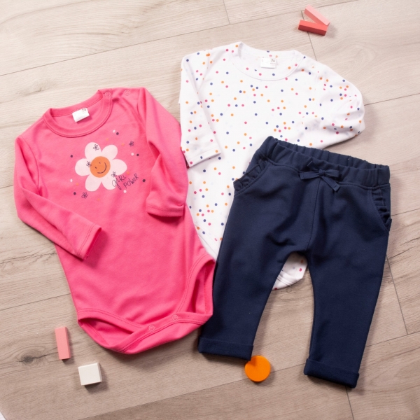 K-Baby 3-dílná sada, 2x body dl. rukáv, tepláčky - Flower and Dot, granát/růžová, vel. 80, Velikost: 80 (9-12m)