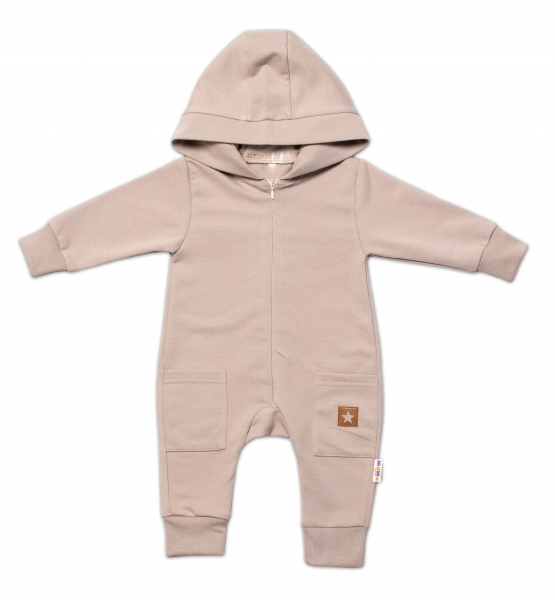 Baby Nellys Teplákový overal s kapucí a kapsičkami, New Bunny - béžová, vel. 68