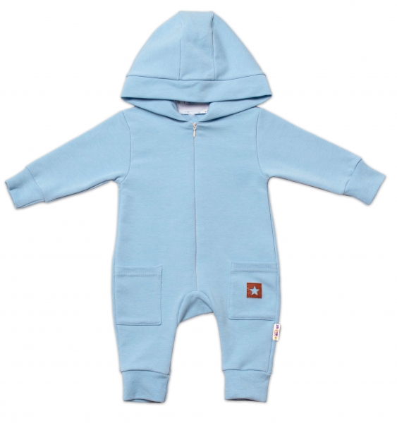 Baby Nellys Teplákový overal s kapucí a kapsičkami, New Bunny - sv. modrá, vel. 74, Velikost: 74 (6-9m)