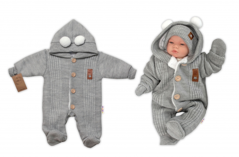 Baby Nellys Pletená kombinéza/overal LUX STAR s kožíškem - dvouvrstvá, šedá, vel. 74, Velikost: 74 (6-9m)