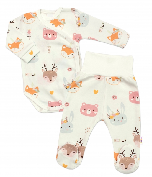 Baby Nellys 2-dílná sada body zap. bokem + polodupačky Animal Faces - krémová, vel. 62