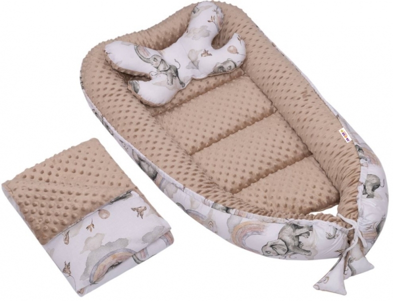 Baby Nellys Sada komplet oboustr. hnízdečko s minky Slon a duha, bílá/béžová