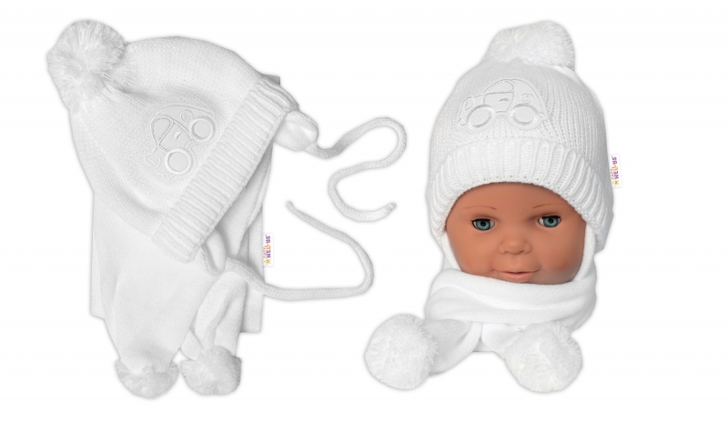 BABY NELLYS Zimní čepička s šálou - Autíčko bílá, Velikost: 56-68 (0-6 m)