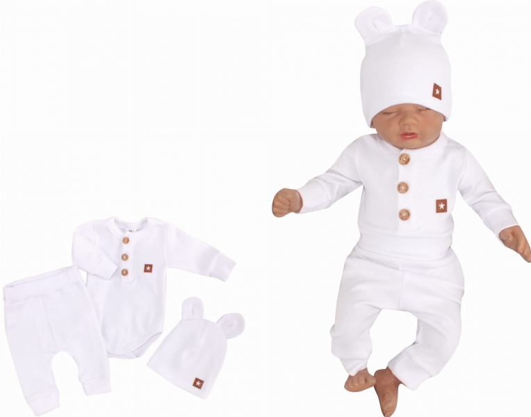 Z&Z 3-dílná žebrovaná sada body, tepláčky + čepička s oušky - bílá, vel. 86, Velikost: 86 (12-18m)