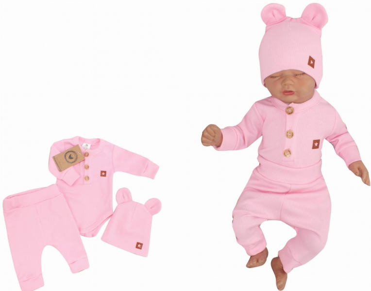 Z&Z 3-dílná žebrovaná sada body, tepláčky + čepička s oušky - růžová, vel. 86