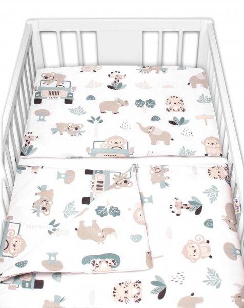 Baby Nellys 2-dílné bavlněné povlečení, Baby Safari, bílá s potiskem, Velikost: 120x90