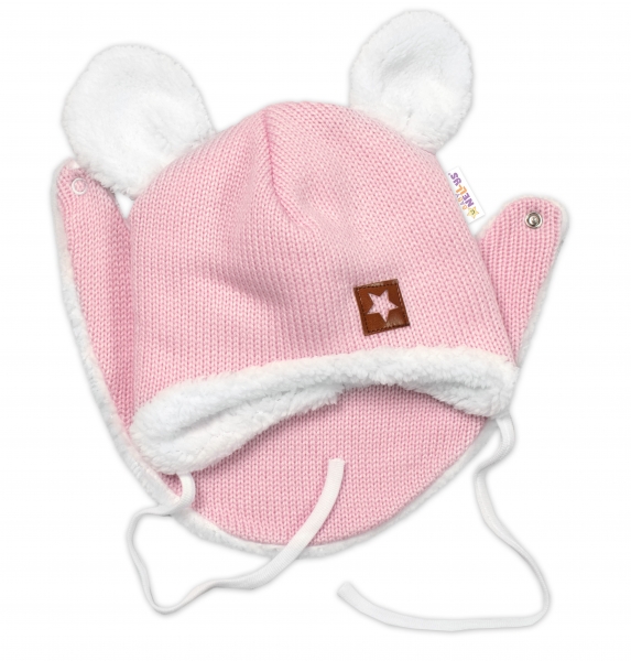 Baby Nellys Pletená zimní čepice s kožíškem a šátkem Star, růžová, Velikost: 56-62 (0-3m)