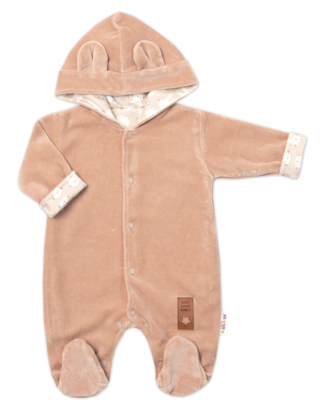 Baby Nellys Dvouvrstvý velurový overal s kapucí New Bunny, hnědý, vel. 80