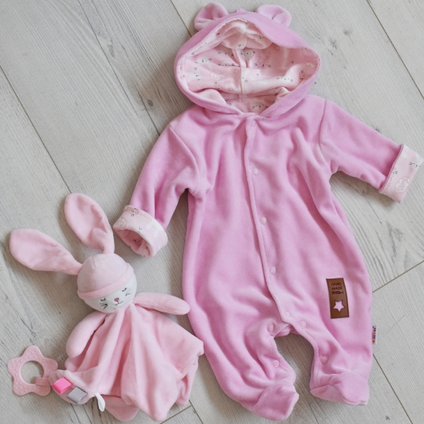 Baby Nellys Dvouvrstvý velurový overal s kapucí New Bunny, růžový, vel. 80